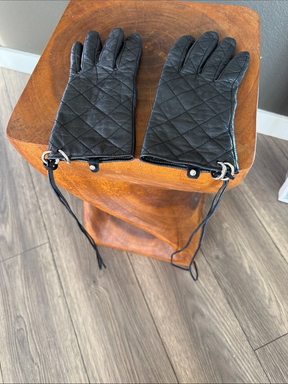 Avant-Garde Quilted Leather Gloves with Pierced Ring Cuffs & Leather Fringe